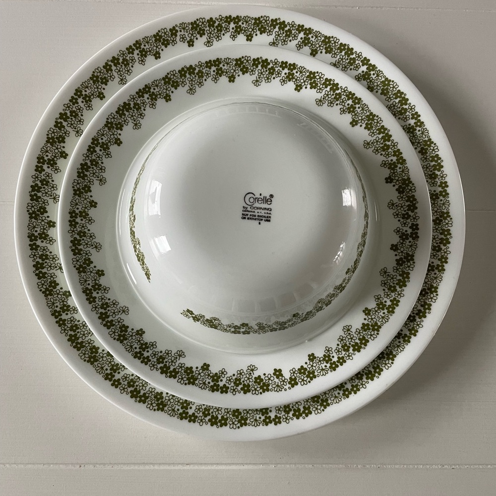 Corelle Vintage Crazy Daisy Daisies Spring Blossoms Green/White Set Set for 4